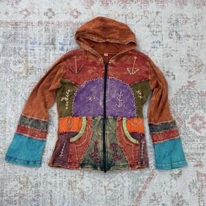 Boho Nepal Patchwork Hoodie Jacket L 100% Cotton Hippie Embroidered Fairycore